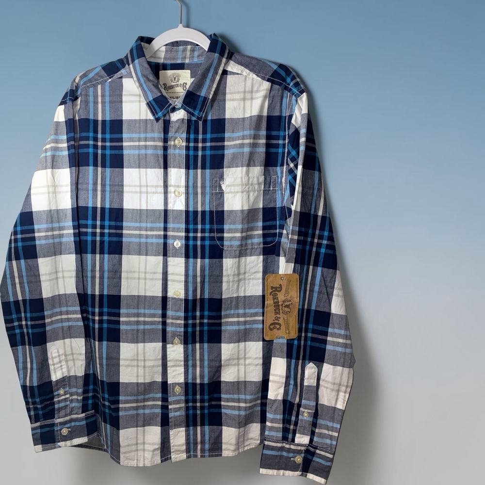 Roebuck & Co Mens XL Blue Plaid Button Down Shirt Long Sleeve Cotton RN 15099